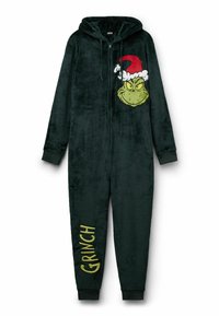 Zielony kombinezon polarowy z kapturem, zamkiem błyskawicznym, grafiką Grincha w kapeluszu Mikołaja na piersi oraz złotym napisem „GRINCH” na nogawce.