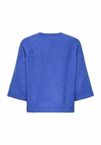 Maglione blu lavorato a maglia con scollo rotondo e ampie maniche a tre quarti, mostrato di spalle su sfondo bianco.