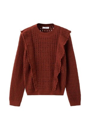 Pull en tricot couleur rouille avec motif texturé, présentant des détails volantés sur le devant et un col rond. Manches longues incluses.