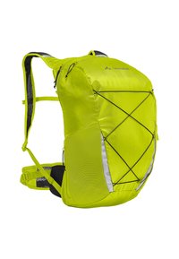 Sac à dos vert lime compact avec une finition texturée, des panneaux en maille, des accents réfléchissants et un cordon élastique à l'extérieur pour un rangement supplémentaire.