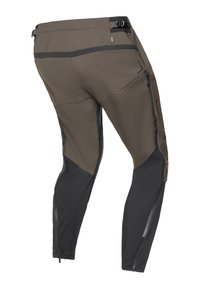 Tapered outdoorbroeken in bruin en zwart, gemaakt van rekbare stof met ritsen aan de zijkanten en een verstelbare tailleband voor een goede pasvorm.