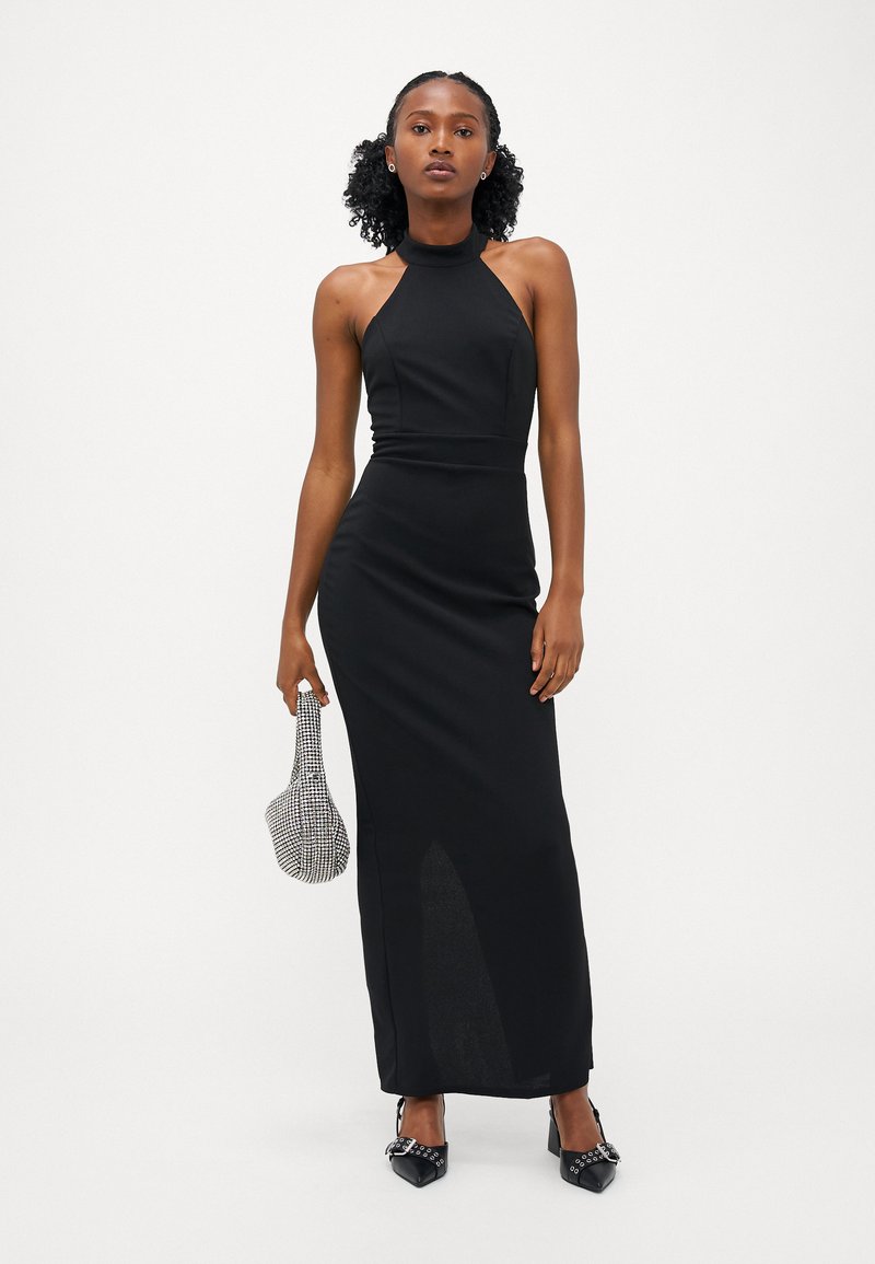 slim fit dress slacks Petite Halter Front Chiffon Maxi Dress Black Ivory Dot / PM main image 0