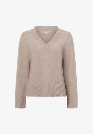 Beige knit sweater with a V-neck, long sleeves, and ribbed cuffs. Features a textured finish and a relaxed fit.