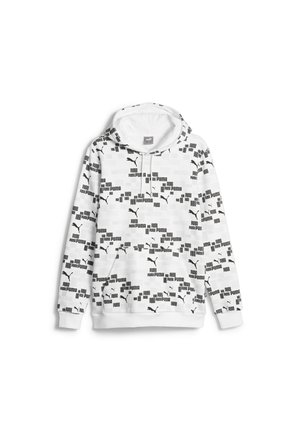 Bílá mikina s kapucí s černými logy Puma a vzorem textu po celém povrchu, přední kapsa ve stylu klokánka a žebrované manžety.