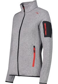 Graue Fleecejacke mit hohem Kragen, schwarzen Akzenten und roten Reißverschlusstaschen. Verfügt über einen vollen Frontreißverschluss und strukturstoff.
