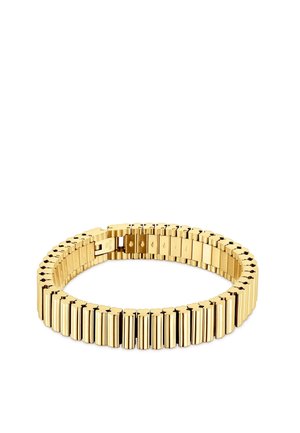 Bracciale d'oro con segmenti rettangolari collegati e una chiusura nascosta, mostrato su sfondo bianco.