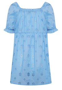 Jasnoniebieska bawełniana sukienka z krótkimi bufkami, kwadratowym dekoltem i wzorami kwiatowych dziurek na całej powierzchni. Marszczony gorset, zapewniający luźne dopasowanie.