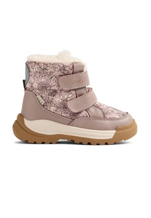 Rosa blumiger Winterstiefel für Kinder mit Klettverschlüssen, dicker brauner Sohle und weißem Fleecefutter innen.