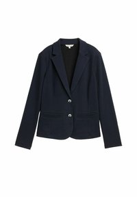 Navy blue blazer made of textured fabric, featuring a fitted shape, notched lapels, two buttons, and two front pockets.