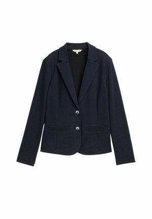 Navy blue blazer made of textured fabric, featuring a fitted shape, notched lapels, two buttons, and two front pockets.