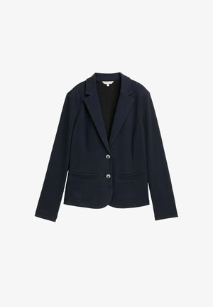 Navyblauwe blazer van textiel met een gestructureerde stof, met een getailleerde pasvorm, notch revers, twee knopen en twee voorzakken.