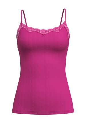Fuchsia camisole met verstelbare spaghettibandjes, kanten rand bij de halslijn, textuurstof met verticale strepen en een kleine strikdetail.