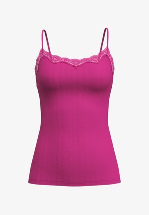 Fuchsia camisole with adjustable spaghetti straps, lace trim at neckline, textured fabric with vertical stripes, featuring a small bow detail.