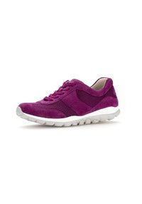 Purple suede athletic shoe with mesh panels, rounded toe, and a white flexible sole featuring textured grip for traction.