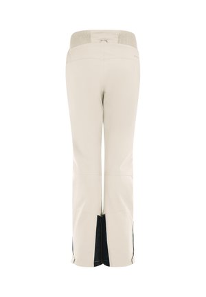 Beige buitenbroek met een gestructureerde elastische tailleband, taps toelopend ontwerp en donkere accenten aan de zoom; voorzien van een gladde, duurzame stof.
