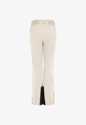 Beige Outdoor-Hosen mit einem strukturierten elastischen Bund, taillierter Passform und dunklen Akzenten am Saum; aus einem glatten, strapazierfähigen Stoff.