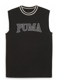 Musta ilmanhiha urheilupaita, jossa on valkoiset kaksoisraidat pyöreässä kauluksessa ja suuri harmaa "PUMA"-logo rintakehässä.