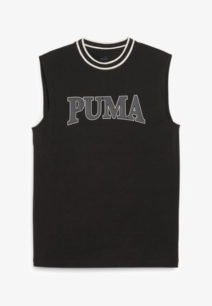 Schwarzes ärmelloses Sportshirt mit weißem doppelt gestreiftem Rundhalsausschnitt und großem grauem "PUMA"-Logo auf der Brust.