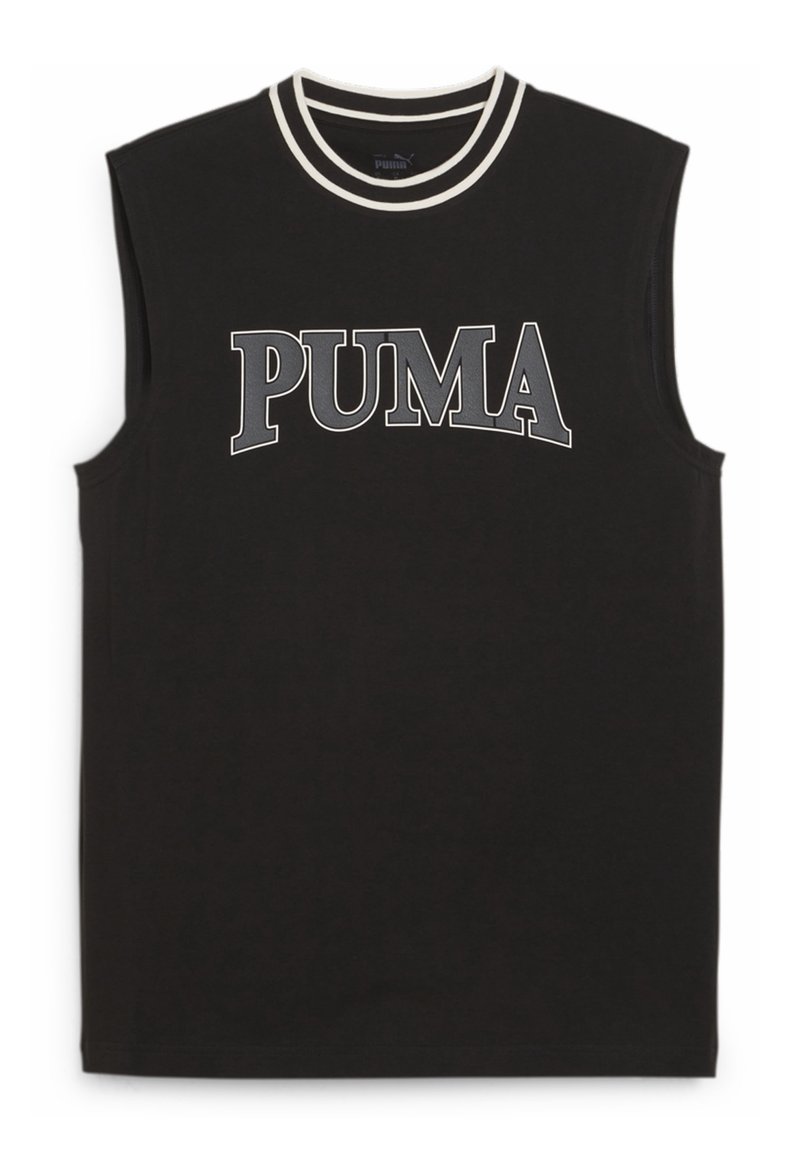 Musta ilmanhiha urheilupaita, jossa on valkoiset kaksoisraidat pyöreässä kauluksessa ja suuri harmaa "PUMA"-logo rintakehässä.