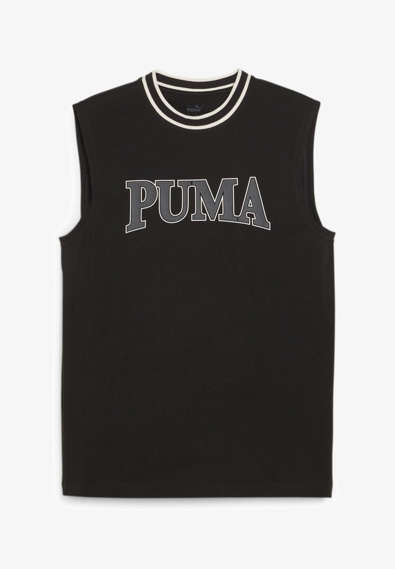 Musta ilmanhiha urheilupaita, jossa on valkoiset kaksoisraidat pyöreässä kauluksessa ja suuri harmaa "PUMA"-logo rintakehässä.