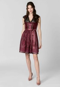 Burgundy dress features a lace bodice, satin ribbon waist, and floral-patterned skirt. Cap sleeves and a lace-up front add detail.