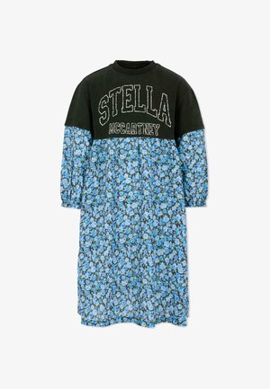 Abito nero a maniche lunghe con un motivo floreale blu, con il logo bianco "STELLA McCARTNEY" sul petto. Realizzato in tessuto misto cotone.