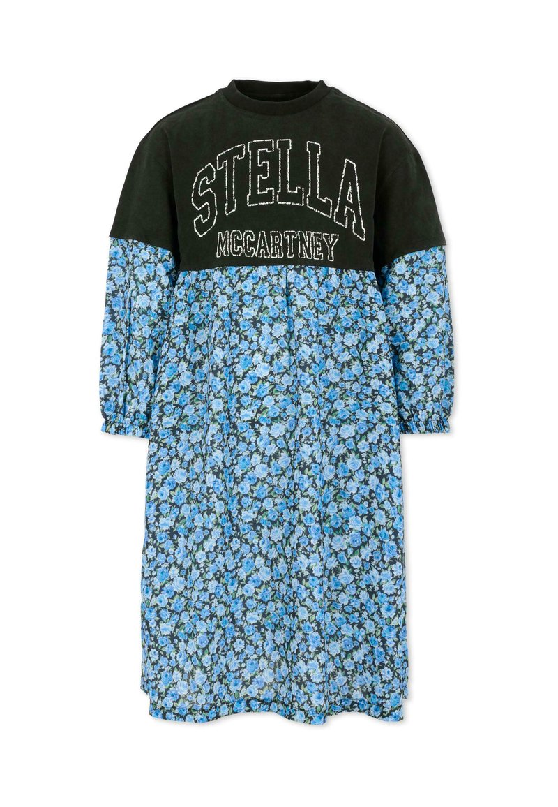 Abito nero a maniche lunghe con un motivo floreale blu, con il logo bianco "STELLA McCARTNEY" sul petto. Realizzato in tessuto misto cotone.