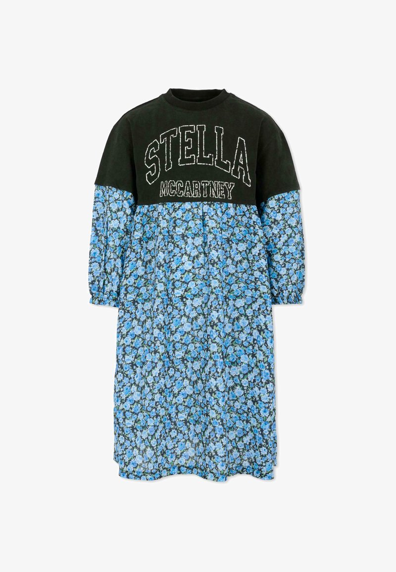 Robe noire à manches longues avec un motif floral bleu, présentant le logo blanc "STELLA McCARTNEY" sur la poitrine. Fabriquée en tissu mélangé de coton.