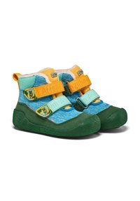 Stivali multicolori con tomaia in tessuto blu, suola in gomma verde, cinturini gialli e turchesi e una morbida fodera. Suola testurizzata per una migliore aderenza.