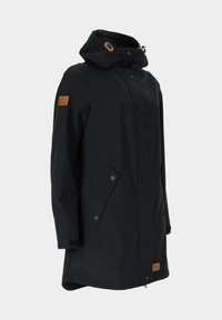 Black waterproof jacket with a hood, front snap closure, side pockets, and a tan leather accent on the sleeve. Smooth texture.