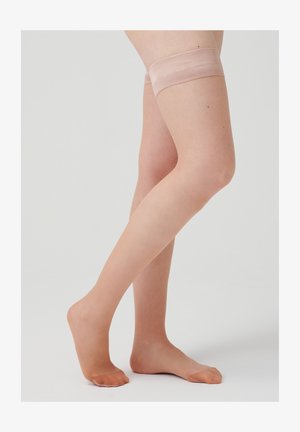 Durchsichtige hautfarbene Strumpfhalter mit einer glatten Textur, ausgestattet mit einem breiten, weichen Saum an der Oberseite für einen sicheren Sitz.