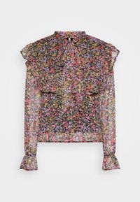 Bloemenblouse van doorschijnende stof met een hoge kraag, gerimpelde mouwen en een mix van roze, paarse en gele bloemen op een zwarte achtergrond.
