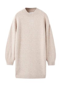 Svetlo béžový oversize sveter s rebrovaným výstrihom a manžetami, vyrobený z mäkkého, textúrovaného materiálu, s jednoduchým, minimalistickým dizajnom.