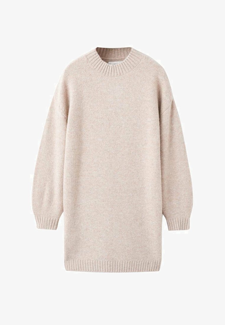 Svetlo bež oversized pulover z ribanim ovratnikom in manšetami, izdelan iz mehkega, teksturiranega materiala, ki ima preprost, minimalističen dizajn.