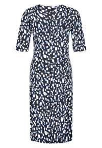 Mörkblå klänning med korta ärmar, med ett abstrakt mönster av ljusblå och vita rutor. Mjuk tyg med en figurnära silhuett.