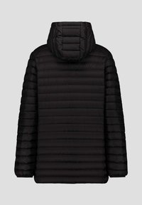 Giacca a vento nera con cappuccio staccabile, caratterizzata da un design trapuntato e linee orizzontali, realizzata in materiale leggero e liscio.