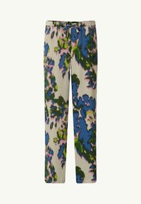 Bloemmotief broek met tinten blauw, groen en roze. Gemaakt van zachte stof met een elastische tailleband en trekkoorddetail.