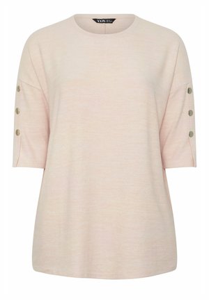 Lyserød kortærmet strikketop med rund hals og tre metalliske knapper på hvert ærme.