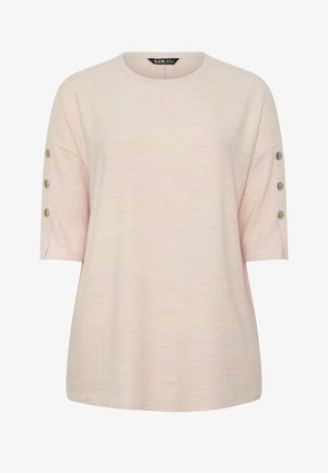 Hellrosa kurzärmliges Strickoberteil mit Rundhalsausschnitt und drei metallischen Knopfdetails an jedem Ärmel.