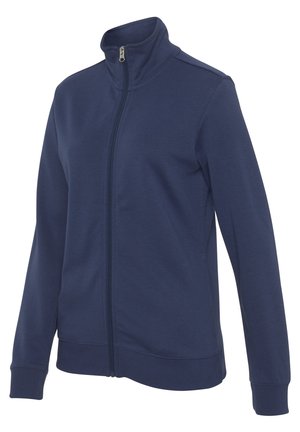 Navy Zip-up-Jacke aus weichem Stoff, mit hohem Kragen, langen Ärmeln, gerippten Bündchen und geradem Saum auf Taille.