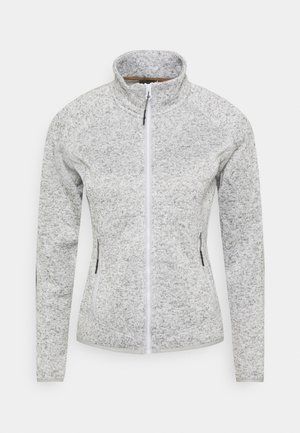 Veste polaire gris clair avec fermeture éclair, col montant et poches latérales zippées, conçue pour une coupe ajustée.