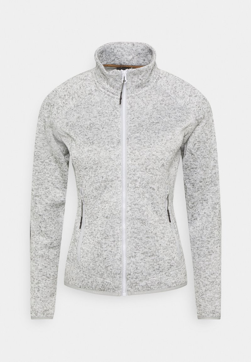 Veste polaire gris clair avec fermeture éclair, col montant et poches latérales zippées, conçue pour une coupe ajustée.