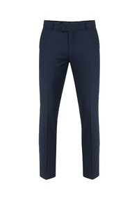 Granatowe spodnie o dopasowanym kroju, wykonane z gładkiego materiału, z płaskim przodem, paskami i slim fit.