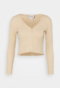 Beige, cropped cardigan with long sleeves and a V-neck. Features a ribbed texture and five decorative buttons down the front.