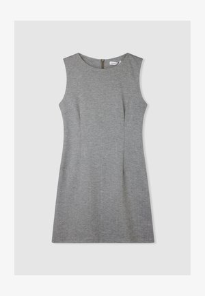 Abito grigio senza maniche con scollo rotondo e silhouette aderente, dotato di zip nascosta sul retro e tessuto leggermente strutturato.