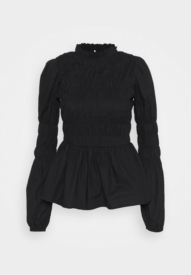 SHIRRED BODY LONG SLEEVE BLACK FLORAL TOP - Bluser - black