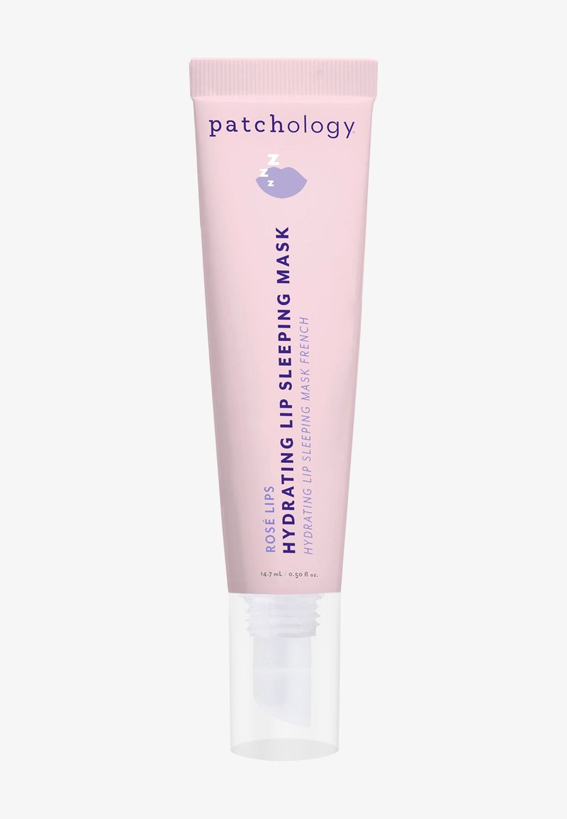 Rosa, Quetschtube der Patchology Hydrating Lip Sleeping Mask mit transparenter Basis. Mit fettig blauem Text und einer dezenten Lippen Grafik.