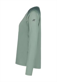 Langarmshirt aus schmutzig grünem Stoff. Verfügt über einen runden Ausschnitt, eine glatte Textur und ein schwarzes "R"-Logo auf der Schulter.