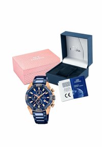 Orologio Festina con bracciale in metallo blu e dettagli in oro rosa, quadranti cronografi, presentato in una scatola rosa e blu con un certificato di garanzia.