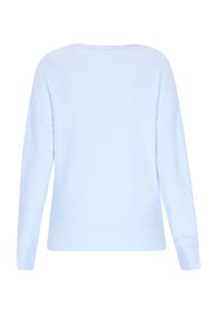 Pullover azzurro chiaro lavorato a maglia con scollatura rotonda, spalle scese, polsini e orlo a coste. Texture liscia con dettagli di cucitura discreti.